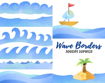 Watercolor Wave Borders Clipart / Waves clip art / Instant Download / Seamless Waves / Personal and Commercial Use