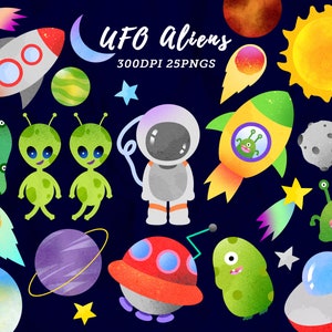 Aquarell UFO Aliens Clipart / Space Aliens Download / Weltraumschiff / Sci-fi / Rakete / Grüne Männer / Astronauten / Planeten / Sofortiger Download