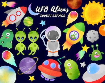 Acuarela UFO Aliens Clipart / Space Aliens Descargar / Nave espacial / Ciencia ficción / Cohete / Hombres verdes / Astronautas / Planetas / Descarga instantánea
