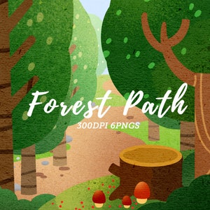 May include: A whimsical illustration of a forest path with green trees, a brown tree stump, and red mushrooms. The text "Forest Path" is written in white cursive letters.