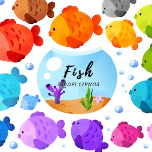 Watercolor Fish Clipart / Fishbowl Clipart / Pet Fish Clipart / Cute Fish / Colorful Fish / Underwater Ocean Clipart / Instant Download