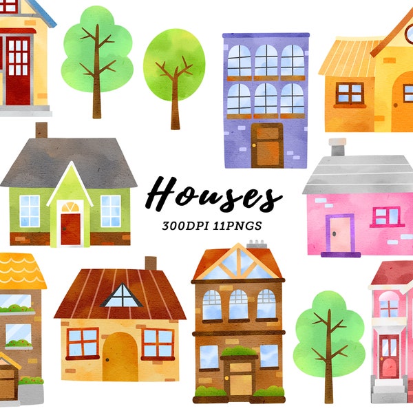 Watercolor Houses Clipart / Home Clipart / Cottage clipart / House clipart / Home Sweet Home / instant download / Commercial Use