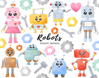 May include: A set of 18 watercolor robot illustrations. The robots are in various colors, including pink, yellow, blue, red, and gray. They have different shapes and sizes, and some have hearts, gears, and other details. The illustrations are perfect for creating digital or printed projects.