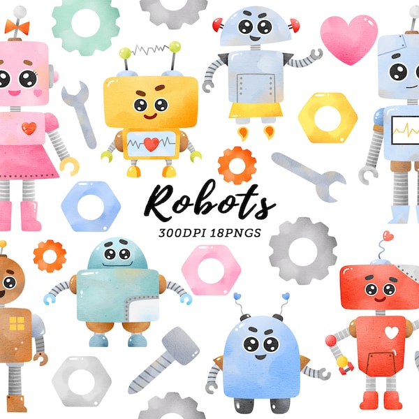 Watercolor Robots Clipart / Cute Robots Clip Art / Vintage robots / Ai clipart / Robots Prints / Children Printables / Instant Download