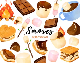Aquarel Smores Clipart / Marshmallows Clipart / Kampvuur / Smore's / Chocolade / Cookie / Geroosterde Marshmallows / Instant Download