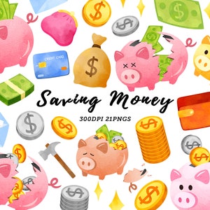 Watercolor Saving Money Clipart / Piggy Bank Clipart / Money Clipart / Save Money Clipart / Bank Clipart / Financial clip art / Coin Clipart