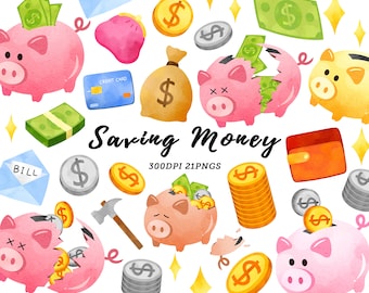 Watercolor Saving Money Clipart / Piggy Bank Clipart / Money Clipart / Save Money Clipart / Bank Clipart / Financial clip art / Coin Clipart