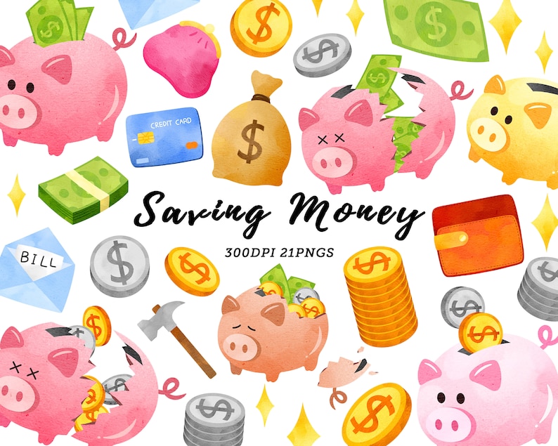 Watercolor Saving Money Clipart / Piggy Bank Clipart / Money Clipart / Save Money Clipart / Bank Clipart / Financial clip art / Coin Clipart image 1