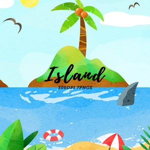 Aquarel Island Scene Clipart / Tropische Clipart / Zomer Clipart / Ocean Clipart / Vakantie Clipart / Zomer Png / Palmboom / Landschap