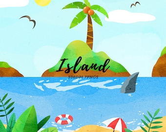 Watercolor Island Scene Clipart / Tropical Clipart / Summer Clipart / Ocean Clipart / Vacation Clipart / Summer Png / Palm Tree / Landscape