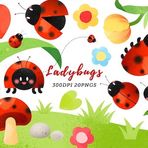May include: A set of 20 digital illustrations of ladybugs in various poses, with red and black spots, against a green background with flowers and leaves. The text "Ladybugs 300DPI 20PNGs" is included in the image.