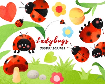 Watercolor Ladybugs Clipart / Sweet Ladybug Download /  Flying Ladybugs / Red Mushroom / Leaves / Yellow Tulip / Instant Download