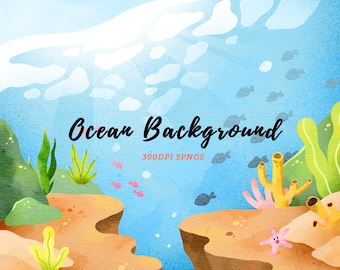 Watercolor Ocean Background Clipart  / Coral Reef Clipart / Underwater Scene / Ocean Environment / Environment Download / Instant Download