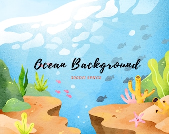 Acquerello Ocean Background Clipart / Coral Reef Clipart / Scena subacquea / Ambiente oceanico / Ambiente Download / Download istantaneo