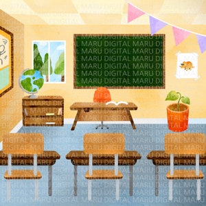 May include: A classroom scene with a green chalkboard, a teacher's desk with a book and a red chair, a globe, a bookshelf, and four brown desks with chairs. The walls are yellow and there are pink and purple pennant flags hanging from the ceiling.