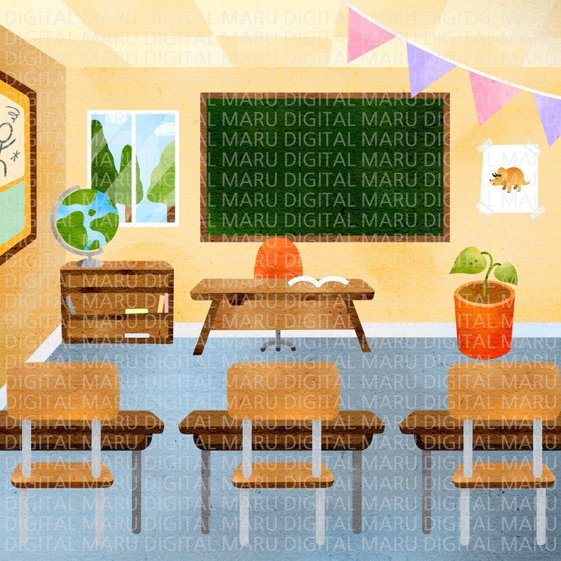 May include: A classroom scene with a green chalkboard, a teacher's desk with a book and a red chair, a globe, a bookshelf, and four brown desks with chairs. The walls are yellow and there are pink and purple pennant flags hanging from the ceiling.