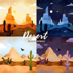 Aquarelle Desert Scene Clipart / Scènes de coucher de soleil dans le désert sans couture / Cactus / Sable / Plateau / Egypte / Paysage / Environnement Télécharger