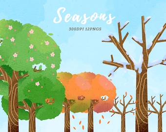 Watercolor Seasons Clipart / Tree Download / Instant Download / Tree Seasons / Spring / Summer / Fall / Winter / Commercial Use