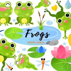 Aquarelle Frogs Clipart / Pond Download / Grenouilles mignonnes / Libellule / Lilly Pad / Swamp Critters / Utilisation commerciale / Téléchargement instantané
