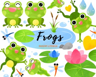 Watercolor Frogs Clipart / Pond Download / Cute Frogs / Dragonfly / Lilly Pad / Swamp Critters / Commercial Use / Instant Download