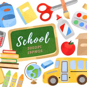 Watercolor School Clipart / Back to School Download / Cute school  / Stack of Books / School Bus / Backpack / Chalkboard / Instant Download