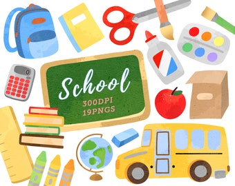 Clipart scuola acquerello / Download back to school / Scuola carina / Pila di libri / Scuolabus / Zaino / Lavagna / Download istantaneo