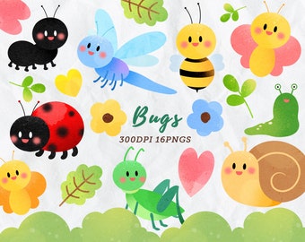 Watercolor Bugs Clipart / Cute Insect Download / Watercolor Cute Snail / Bee / Ladybug / Butterfly / Locusts / Instant Download