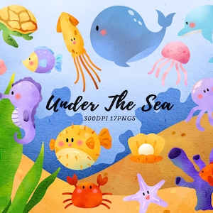Aquarell Unter dem Meer Clipart / Meerestiere Clipart / Fische, Oktopus, Qualle, Wal, Krabben / Ozean Umwelt / Sofortiger Download