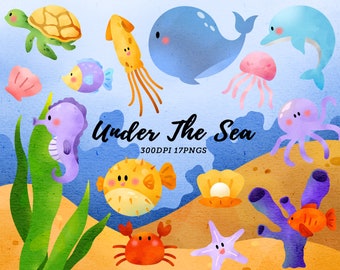 Watercolor Under the sea Clipart / Sea animals Clipart / Fish, Octopus, Jellyfish, Whale, Crabs / Ocean Environment / Instant Download
