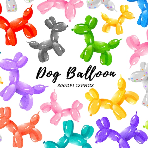 Watercolor Dog Balloon Clipart / Balloon Animal Clipart / Party Clipart / Birthday Clipart / Instant Download