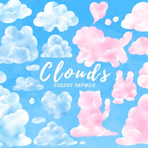 Könnte beinhalten: Ein Set mit 38 Aquarell-Wolkenillustrationen in Rosa und Blau. Die Wolken sind in verschiedenen Formen und Größen, darunter Herzen, Tiere und traditionelle Wolkenformen. Die Illustrationen sind perfekt, um jedem Projekt eine verspielte Note zu verleihen.