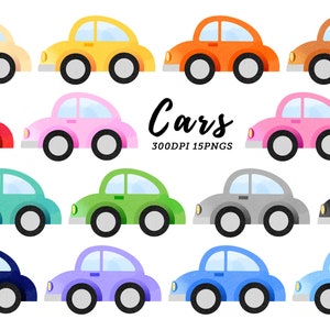 水彩画の車のクリップアート / 水彩画の乗り物のダウンロード / 即時ダウンロード / 交通機関のクリップアート / 多色の自動車