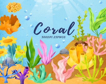 Clipart di corallo ad acquerello / Clipart di alghe / Barriera corallina oceanica / Corallo sottomarino / Corallo colorato / Spiaggia / Oceano / Download istantaneo