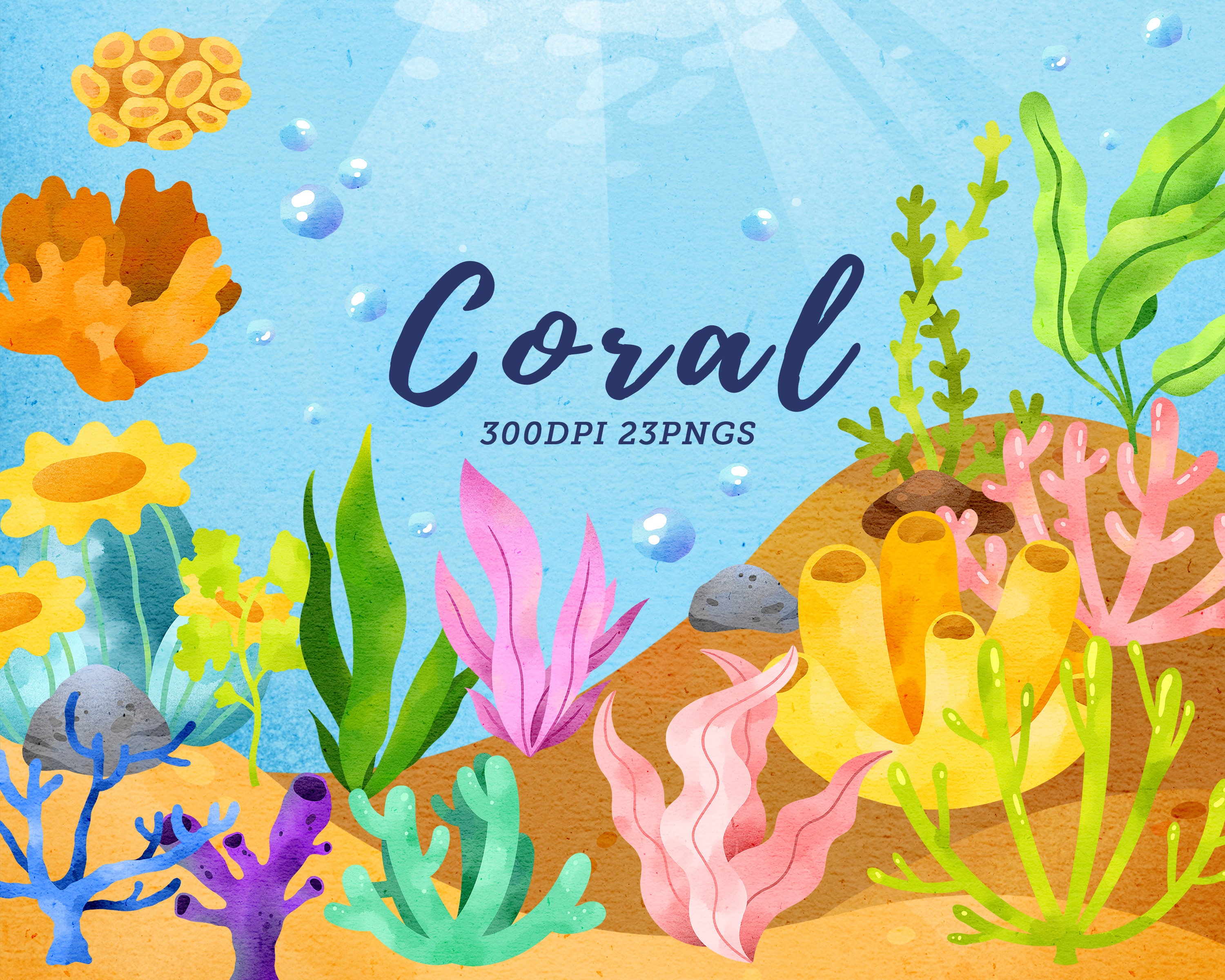 Watercolor Coral Clipart / Seaweed Clipart / Ocean Coral Reef / Underwater Coral / Colorful Coral / Beach / Ocean / Instant Download