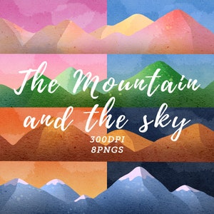 May include: A digital illustration of eight watercolor mountain and sky scenes. The mountains are in various colors, including pink, yellow, green, brown, and blue. The text "The Mountain and the Sky" is written in white cursive font on a green mountain.