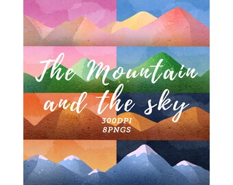 Watercolor Mountain Borders Clipart / Repeatable Pattern Download / Faux Watercolor Seamless Mountains  / Sky / Landscape picture