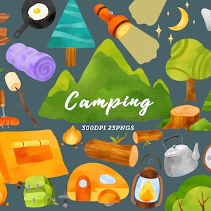 Aquarel Camping Clipart / Camping Clip Art / Reizen Clipart / Kampvuur Clipart / Outdoor Clipart / Forest Landschappen / Instant Download