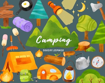 Watercolor Camping Clipart / Camping Clip Art / Travel Clipart / Campfire Clipart / Outdoor Clipart / Forest Landscapes / Instant Download