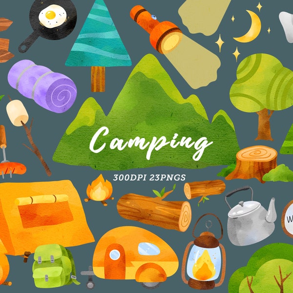 Watercolor Camping Clipart / Camping Clip Art / Travel Clipart / Campfire Clipart / Outdoor Clipart / Forest Landscapes / Instant Download