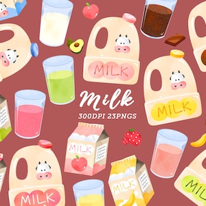 Watercolor Milk Clipart / Dairy Clipart / Milk Gallon Clipart / Chocolate Milk / Strawberry Milk / Food Clipart / Instant Download