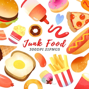 Watercolor Junk Food Clipart / Fast Food Download / Popcorn / Pizza / Donut / Cupcake / Hot Dog / Hamburger / Cheat Day /  Instant Download