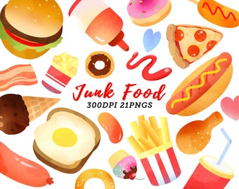 Watercolor Junk Food Clipart / Fast Food Download / Popcorn / Pizza / Donut / Cupcake / Hot Dog / Hamburger / Cheat Day /  Instant Download