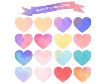 Watercolor Hearts Clipart / Heart Download / Instant Download / Valentines Day / Faux Watercolor Hearts /  Colorful silhouette hearts png