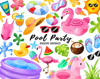 Watercolor Pool Party Clipart / Summer Clipart / Pool Clipart / Party Clipart / Pool Party / Beach Ball Clipart / Instant Download