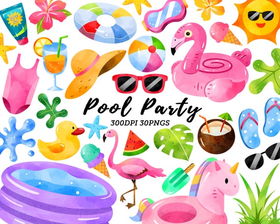 Watercolor Pool Party Clipart / Summer Clipart / Pool Clipart / Party Clipart / Pool Party / Beach Ball Clipart / Instant Download