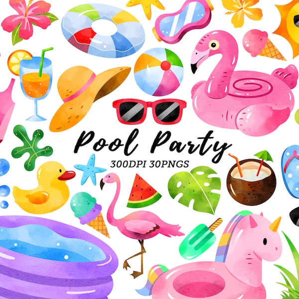 Watercolor Pool Party Clipart / Summer Clipart / Pool Clipart / Party Clipart / Pool Party / Beach Ball Clipart / Instant Download