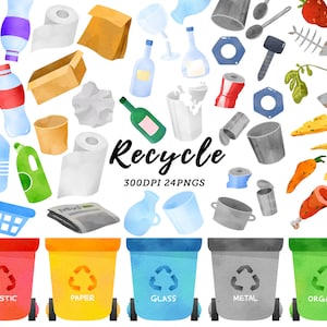 Acquerello Recycle clipart / Recycling Trash Clipart / Guida al riciclaggio / Cestino / Giornata della Terra / Salva la Terra / Come riciclare clipart