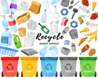 Watercolor Recycle clipart / Recycling Trash Clipart / Recycling guide / Recycle Bin / Earth Day / Save the Earth / How to recycle clipart