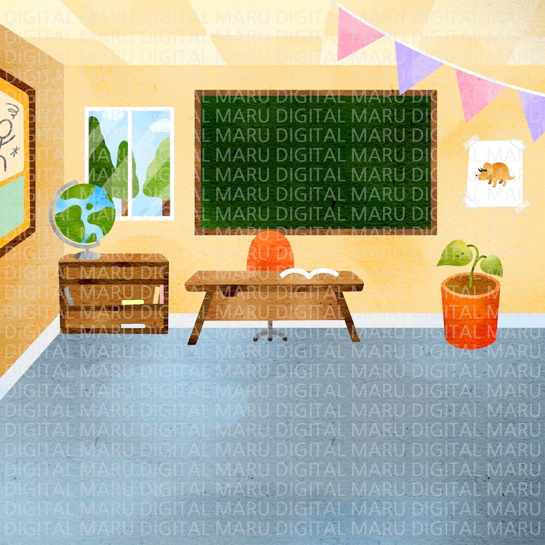 May include: A classroom scene with a green chalkboard, a globe, a bookshelf, a desk with a chair, a potted plant, and a dinosaur illustration on the wall. The classroom is decorated with a string of colorful flags.