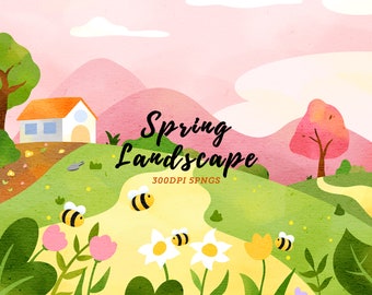 Watercolor Spring Clipart / Spring garden Clipart / Environment Download / Environment Art / Spring Hills / Calm Scene / Instant Download